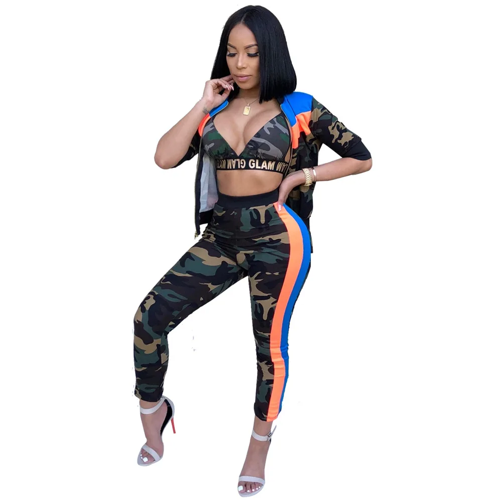 

Women's Three-piece Set Camouflage Stripes Casual Patchwork Sets Crop Top+Coat+Pants Set Playsuits Lady Sexy Bodycon Suit Female