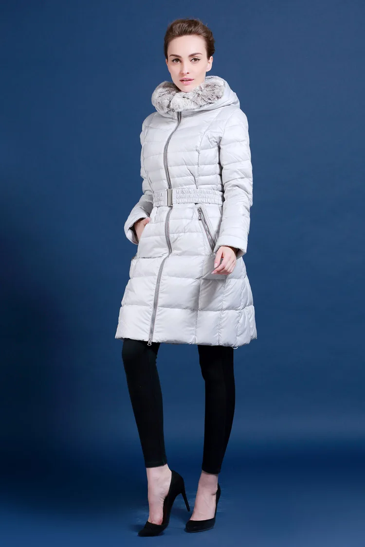 Зимний пуховик для женщин длинный дизайн меховой воротник из кролика рекс белая утка вниз пальто минус 40 градусов теплое пальто с капюшоном Q544