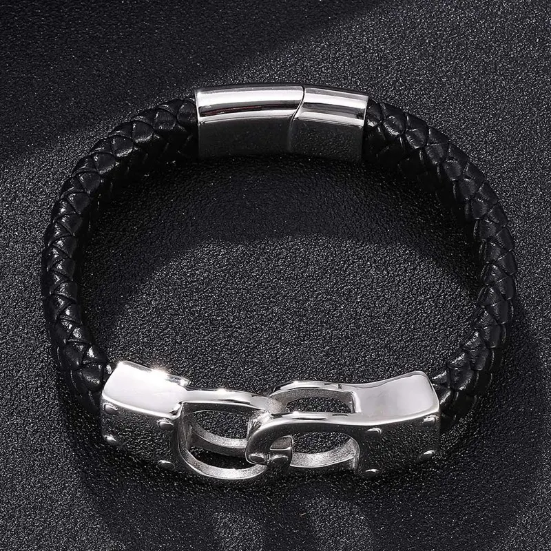 Модный мужской браслет из натуральной кожи черного и коричневого цвета, наручники из нержавеющей стали, браслет на цепочке, мужские ювелирные изделия BB0321