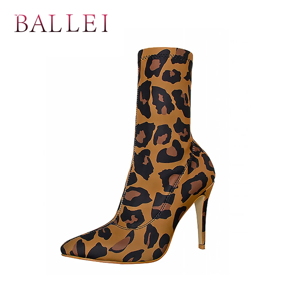 

BALLEI Fashion Woman Ankle Boots Luxury Leopard Print Stretch Fabric Sexy High Thin Heel Shoes Elegant Pointed Toe Lady Boot B27