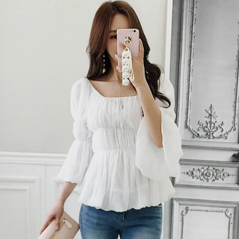 

2019 Autumn Cute Slash Neck Slim Flare Sleeve Shirt Chiffon Casual White Blouse Top