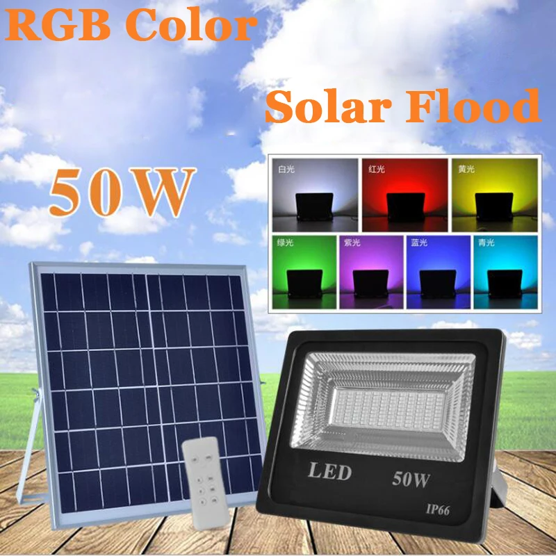 6PCS 50W 100W LED Solar Flood Light RGB Colorful Outdoor Floodlights Garden Wall Solar Powered LED Flood Light Remote Controller