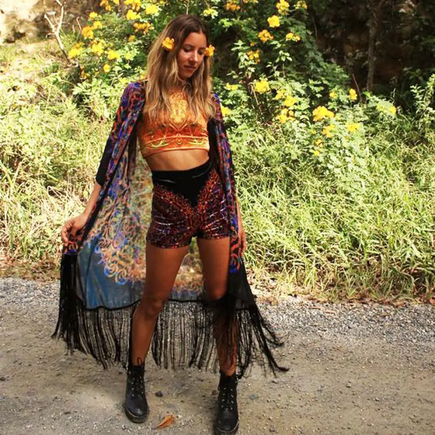 

2019 Hot Sale Blouse Fashion Women Tassel Floral Print Chiffon Bohemia Loose Shawl Kimono Cardigan Top Cover up Shirt Blouse