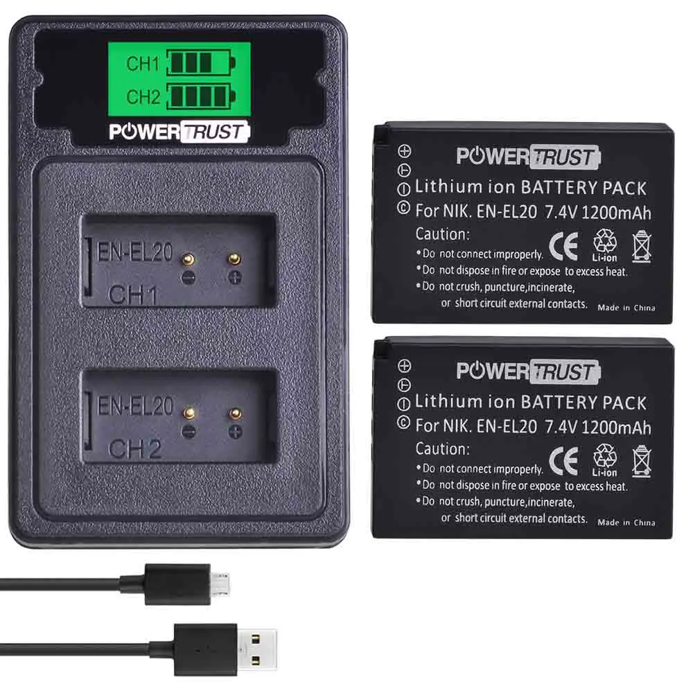 PowerTrust 2 шт. 1200 мАч EN-EL20 EN-EL20a EN EL20 батарея+ ЖК-дисплей Dual USB зарядное устройство для NIKON 1 J1 J2 J3 S1 батареи камеры - Цвет: 2 battery set