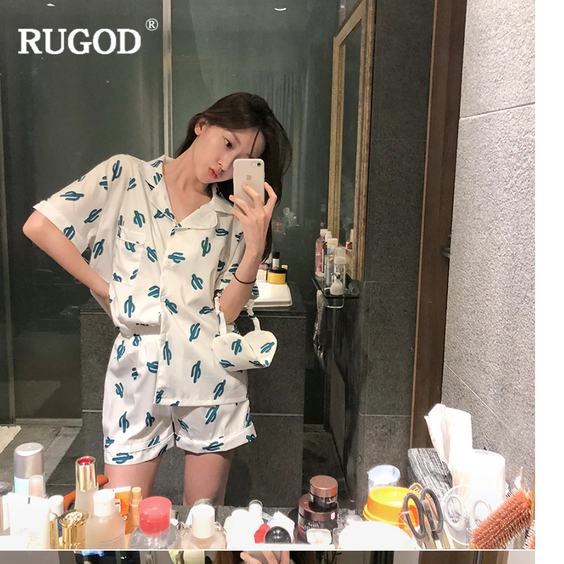 Женский Пижамный костюм RUGOD белая зеленая рубашка с отложным воротником и