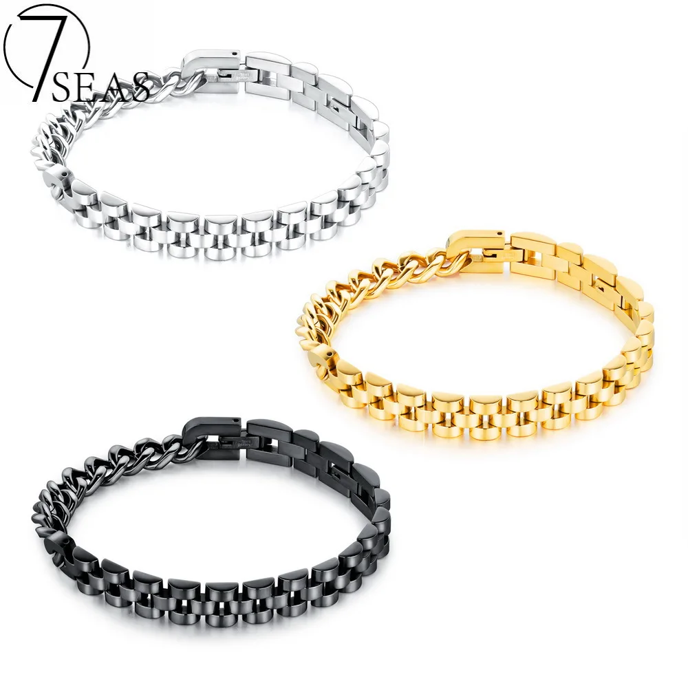 7SEAS Top Quality Chain Link Bracelet White/Gold/Black Colors Stainless