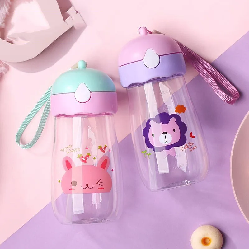 Children Water Drinking Bottle Kids Drinking Cartoon Cup Eco-Friendly Cup Plastic Straw Bottle Kindergarten Handy Cup 380ml