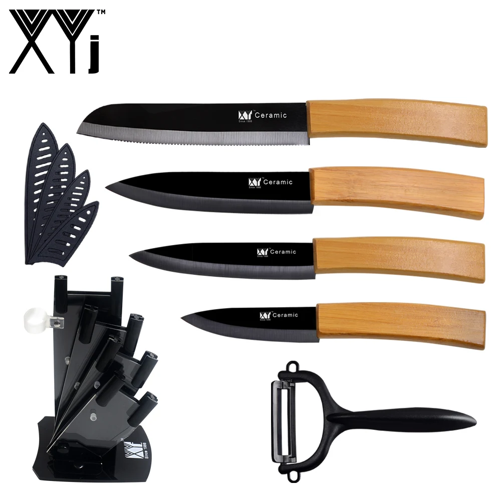 XYj Brand Kitchen Knife Set 3 Inch 4 5 Bamboo Handle Black Blade Ceramic &amp 6&quot Bread Peeler+Holder | Дом и сад