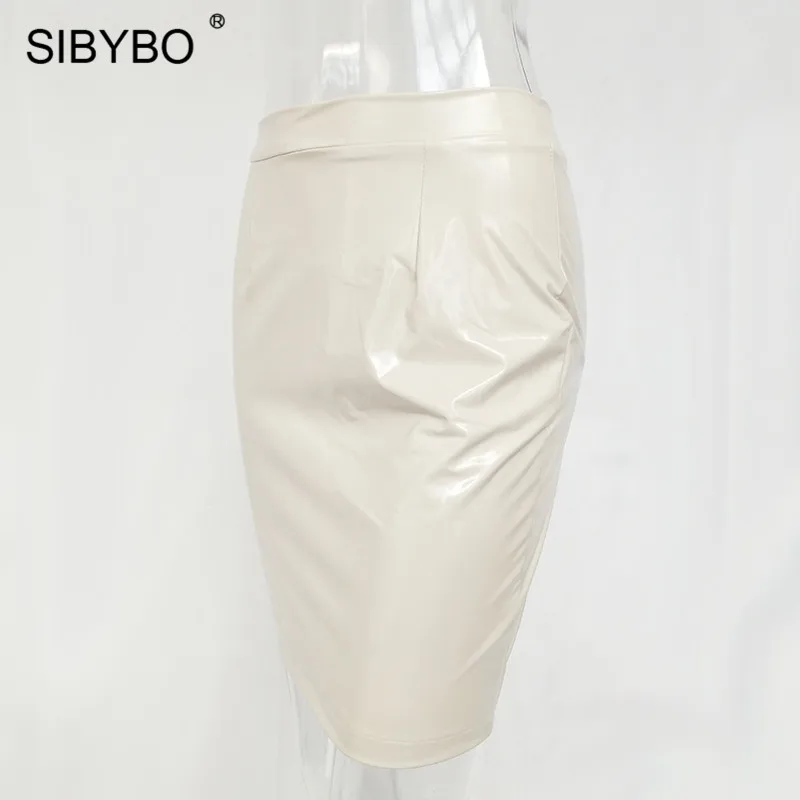 Sibybo, сексуальные юбки из искусственной кожи с высокой талией, Женская Осенняя зимняя модная юбка-карандаш длиной до колена, Черная Женская юбка миди