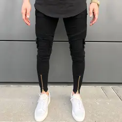 2019 новые мужские рваные джинсы на молнии мужские байкерские джинсы черные белые джинсы со складками в стиле пэчворк, зауженные джинсы в