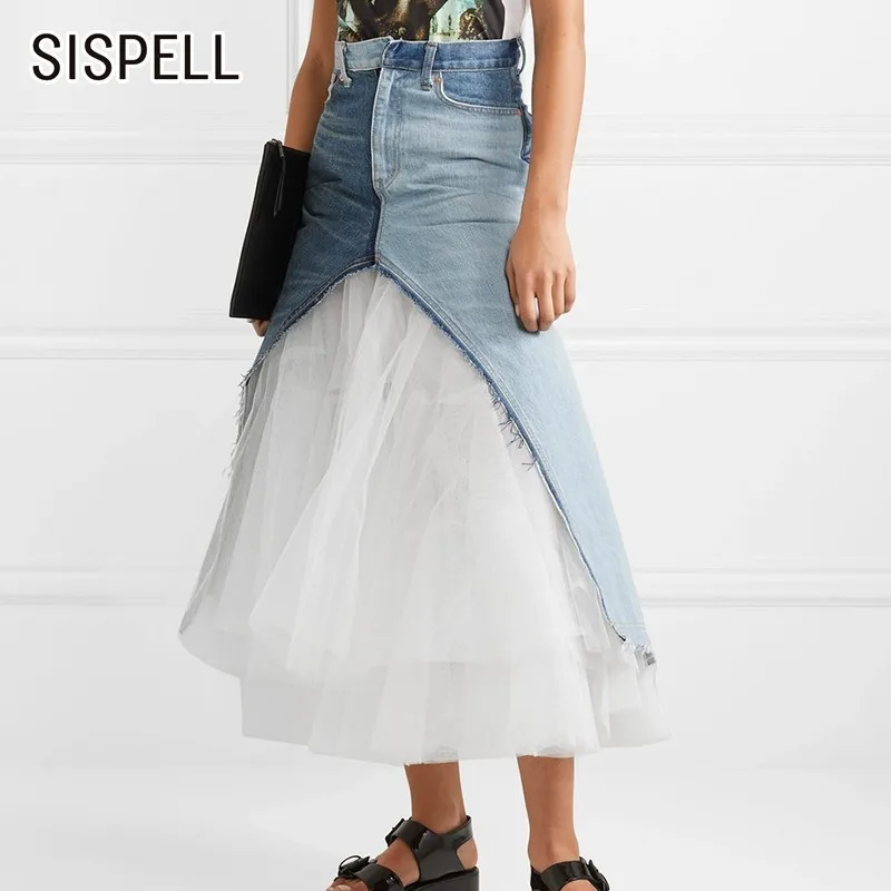 

SISPELL Korean Mesh Denim Patchwork Ball Gown Skirt For Women Hit Color Pockets High Waist Skirts Female Fashion New 2019 Summer