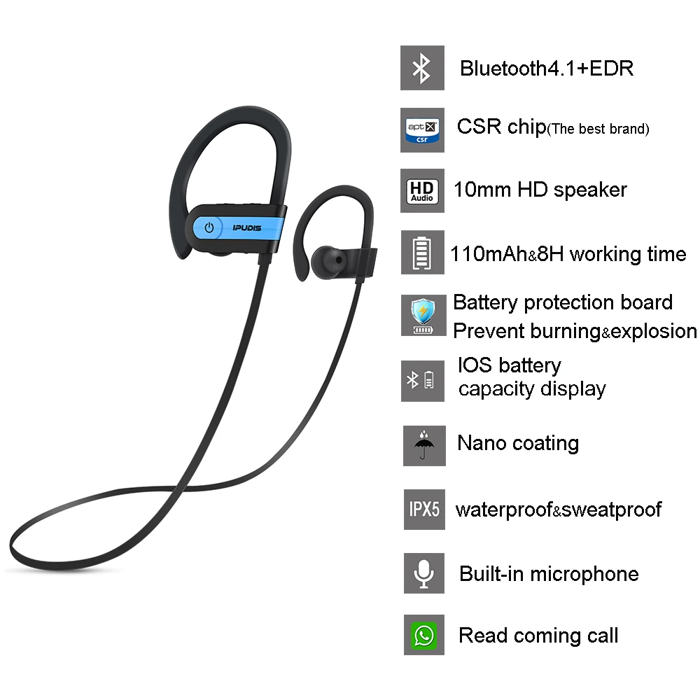 Ipudis Спорт Bluetooth наушники крюк IPX5 Водонепроницаемый Беспроводной наушников