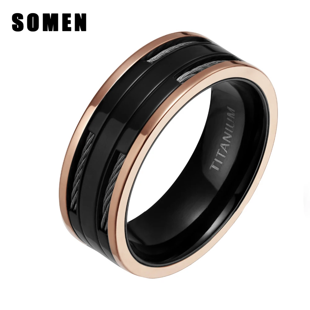 

8MM High Polish Black Titanium Ring Men Wedding Engagement Band With Stainless Steel Cables Male Fashion Jewelry bijoux joias