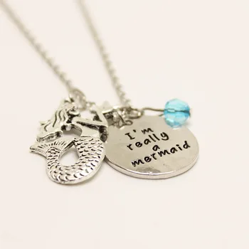 

12pcs/lot little mermaid Inspired necklace "I'm really a mermaid" With Crytal pendant necklace for women or girl jewelry gift