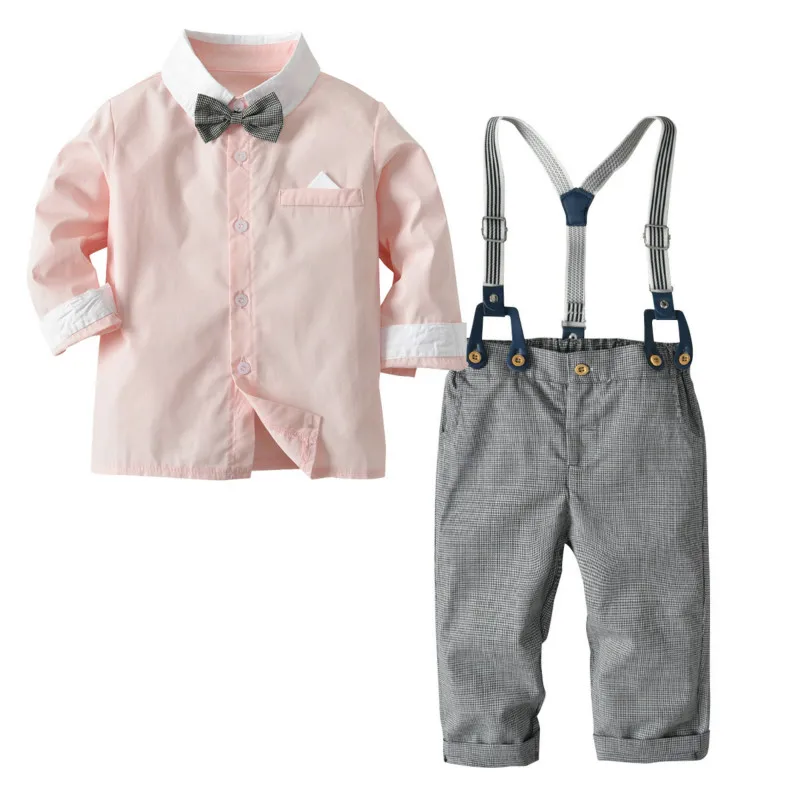 Детские комплекты одежды из 2 предметов для мальчиков г. Весенние повседневные рубашки в клетку+ джинсы на подтяжках штаны, детская одежда с галстуком-бабочкой для мальчиков - Цвет: 1