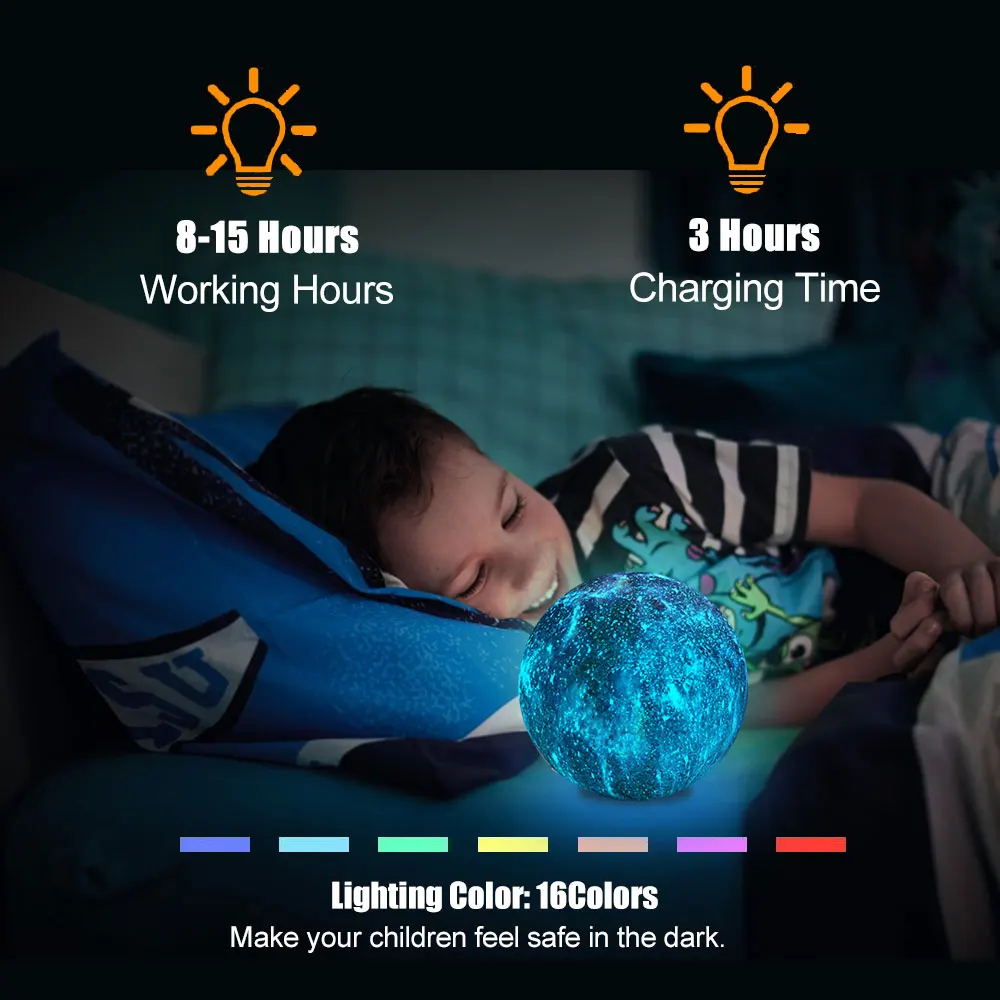 3D Print Moon Lamp 16 Colorful LED Night Light With Touch And Remote Control Swith USB Charging Galaxy Lamp Creative Gifts