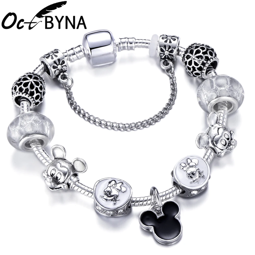 

Cute Mickey Minnie Chain Charm Bracelet For Women Female Jewelry White Enamel Crystal Beads Fine Bracelet Bangles