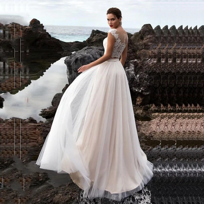 Восьмилетние свадебные платья, 2 предмета,, пляжный кружевной топ, свадебные платья, принцесса, свадебное платье в богемном стиле, фатиновая юбка, vestidos de noiva