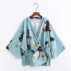 Винтаж галстук талии Цветочный принт кимоно 2018 harajiku женщина с длинным рукавом крест v-образным вырезом рукав "летучая мышь" блузка Femme Blusas