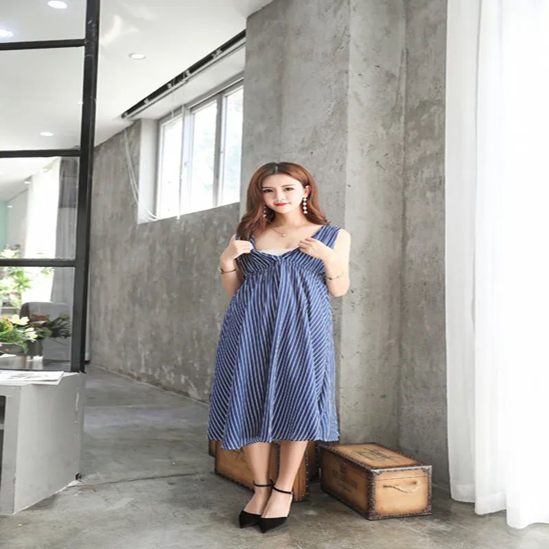 MODENGYUNMA  Pregnant women striped v-neck dress 2018 new sleeveless pregnant women chiffon dress maternity wear lactation