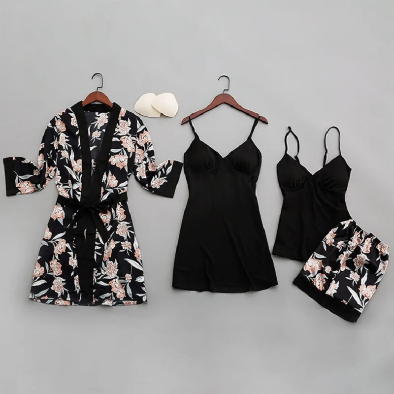 Осенняя Женская одежда для сна, Сексуальная кружевная Пижама, ночная рубашка для девушек, женская пижама, женский костюм, комплект из 4 предметов с нагрудными накладками, ночная рубашка