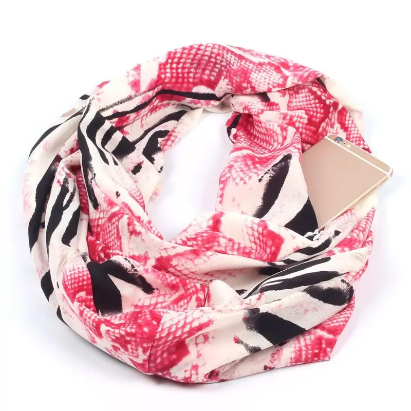Женский двойной скрытый карман на молнии бесконечный петлевой шарф бохо стиль Цветочный полосатый Печатный контрастный цвет обёрточная бумага шаль - Цвет: A2