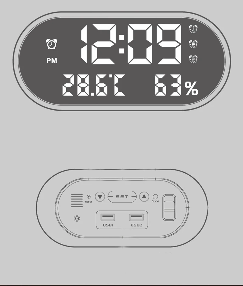 Дисплей температуры и влажности, зеркальный будильник, HD светодиодный, многофункциональные электрические часы с двумя usb-зарядками, nixie часы