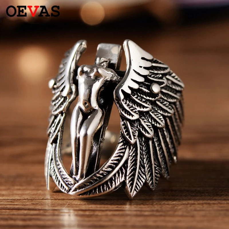 

Retro Thai Silver Color Guardian Angel Personality Cross Exaggerated Wings Ring Punk style Men's Domineering Rings Jewelry Gifts