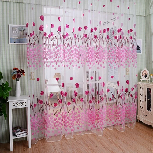 

Romantic Tulip Print Voile Sheer Curtain Drape Divider Valance for Door Window