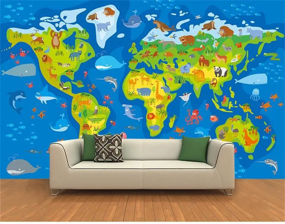 

custom 3d photo wallpaper mural kids room Universal cartoon animal world tourism map photo painting wallpaper non-woven sticker