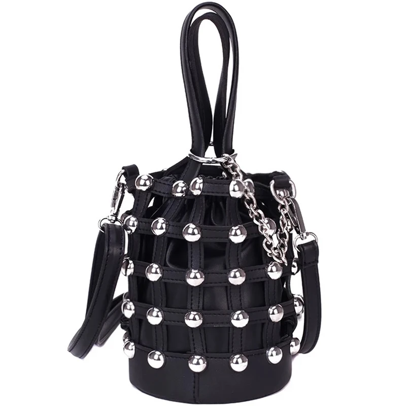 

LJL-Studded Bucket Bag Rivet Wallet Card Package Hollow Handbag Rock Style Round Mini Bag Black