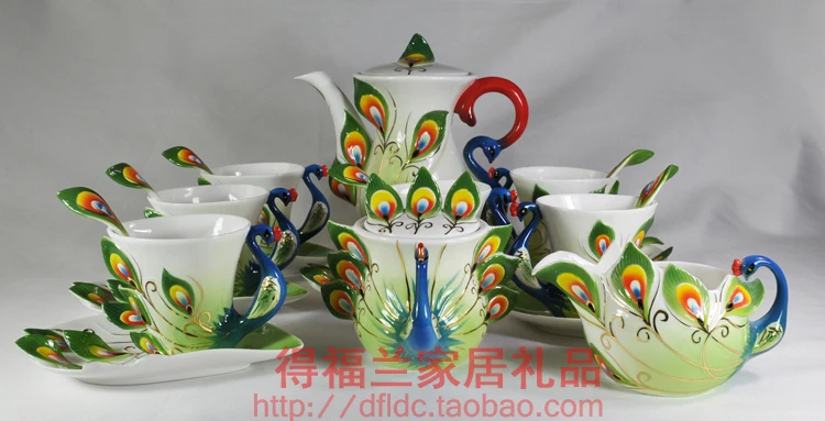 Китайская керамическая кофейная чашка, 9 шт., эмаль, фарфор, павлин, кофейный сервиз, Европейский стиль, костяный китайский чайный набор
