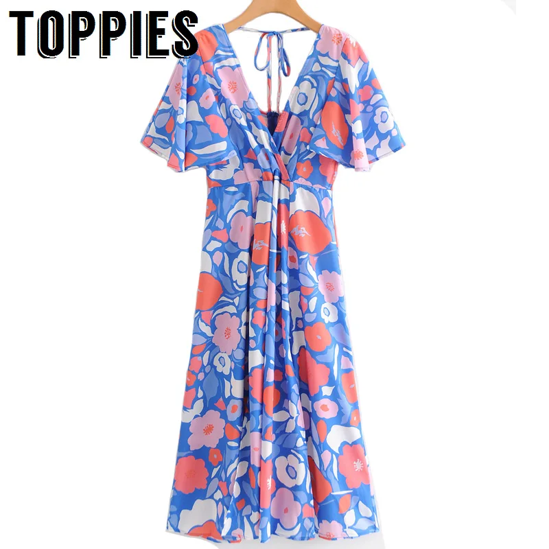 

2019 Folk Printing Sandy Maxi Beach Dress Deep V-Neck Women Short Sleeve Backless Dress Sexy Vacation Clothes Front Split