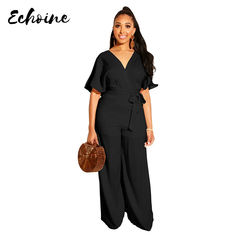 

Echoine Women Casual Loose Jumpsuit Solid Color Short Sleeve V Neck High Waist Wide Leg Long Rompers Overalls with Belt Black