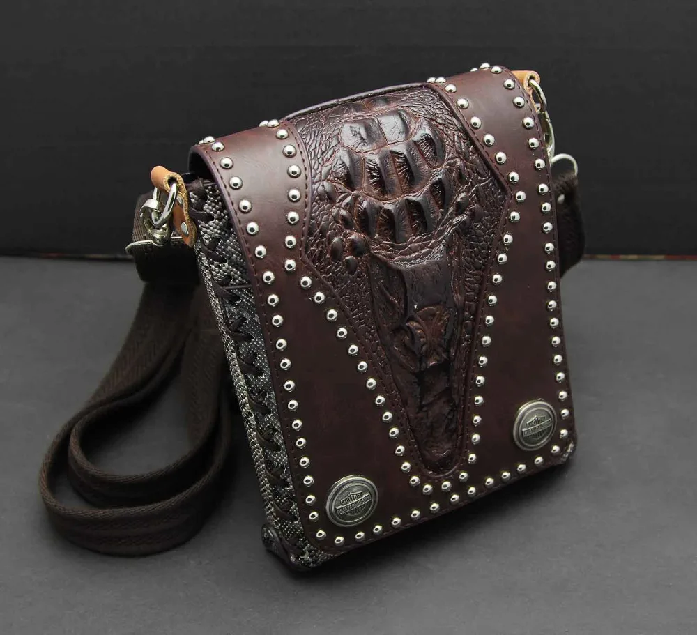 Мужская сумка-мессенджер из натуральной кожи с шипами в стиле панк, сумка кошелек коричневого цвета