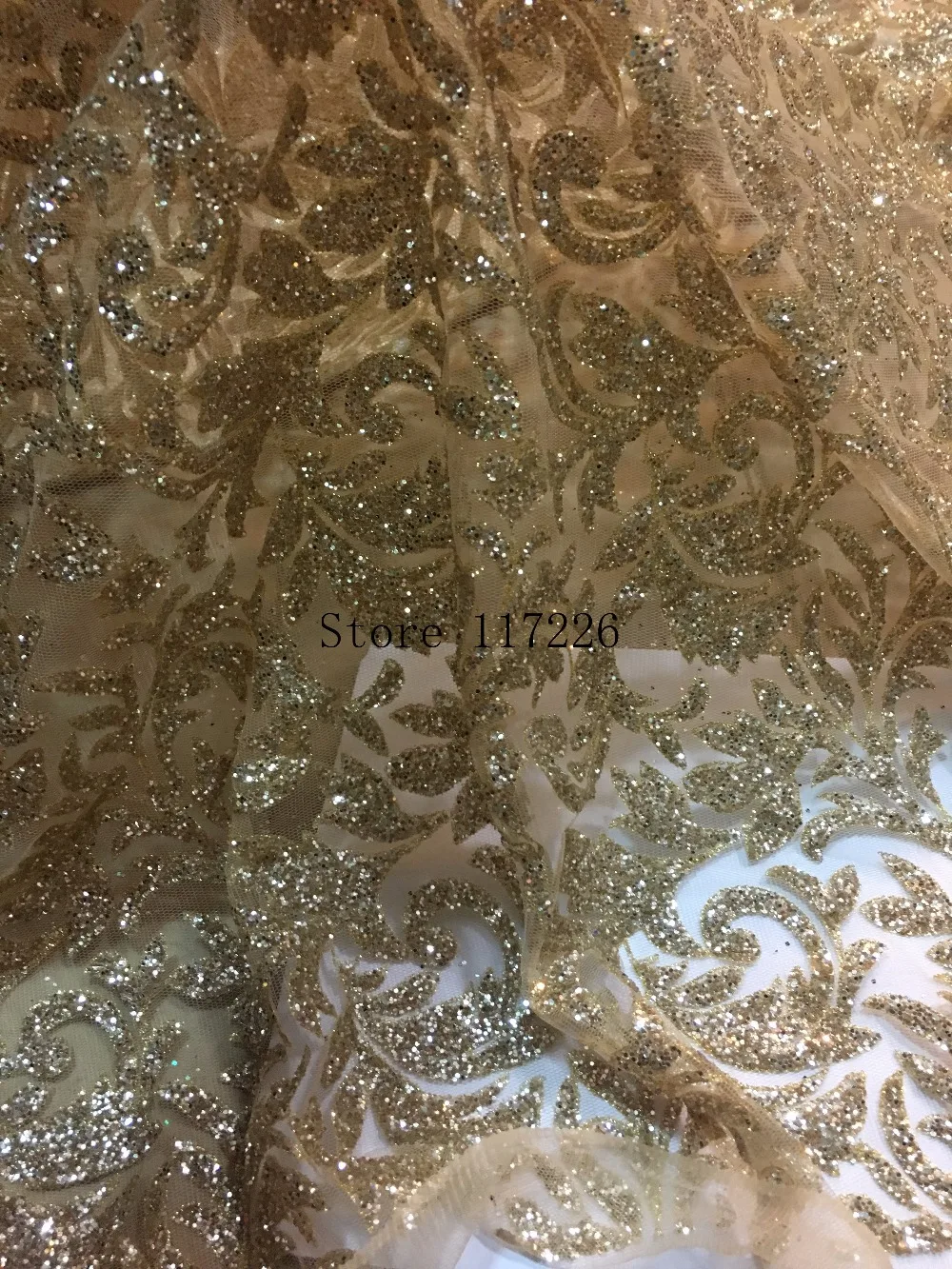 Top selling french african glued glitter sequence lace fabric in gold color sequin lace fabric for party dress JRB-92552
