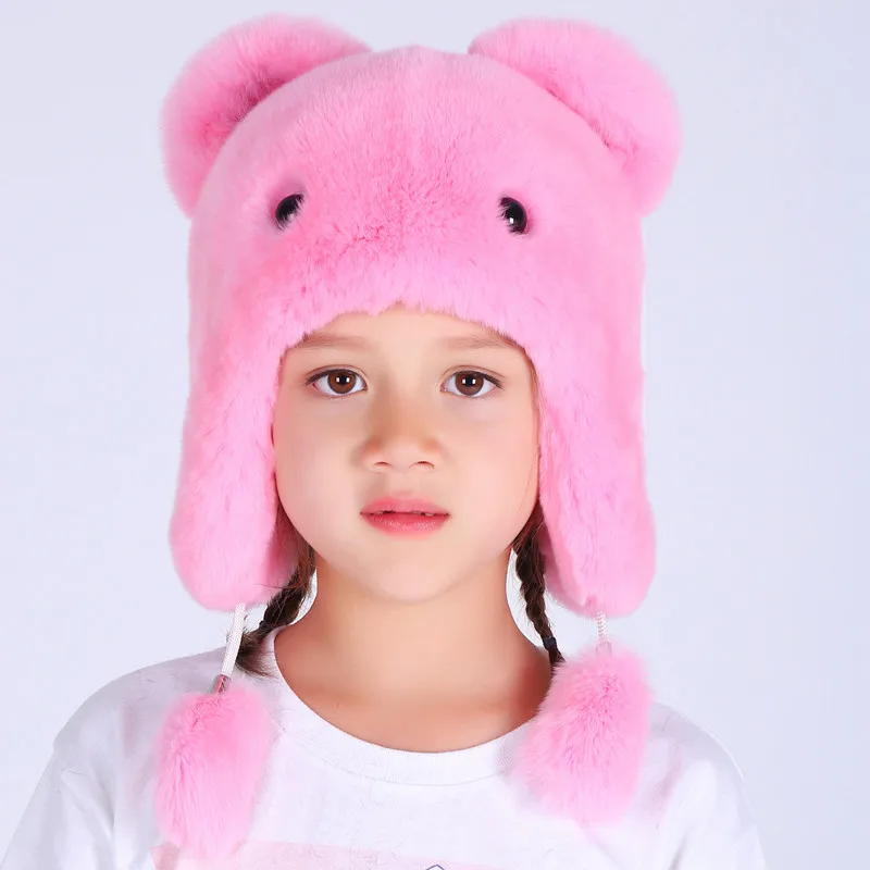 Зимняя унисекс детская шапка из меха кролика рекс Милая мультяшная меховая шляпа поля с защитными ушами теплая шапка с наушниками - Цвет: color3