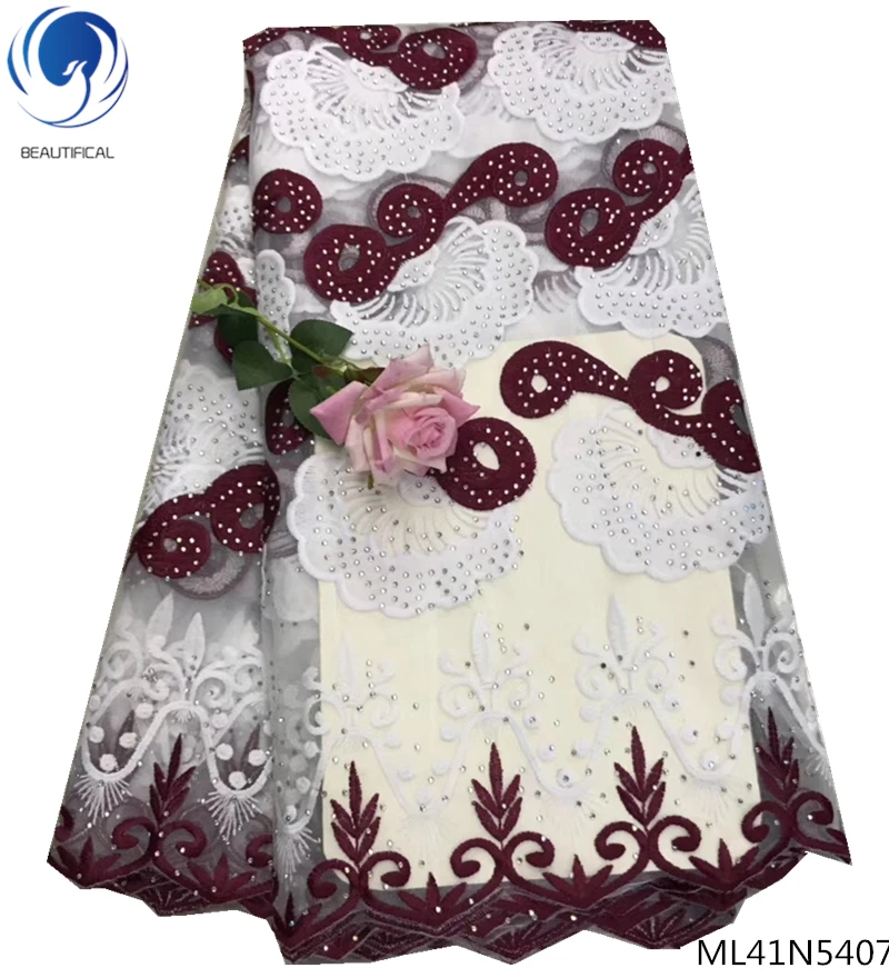 

Beautifical french laces fabrics with rhinestone 2019 high quality mesh lace fabric tulle laces fabrics dress 5yards/lot ML41N54