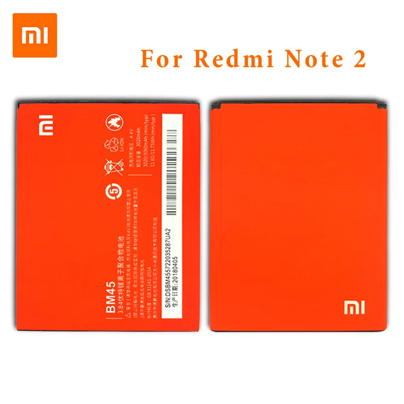 

2018 New XiaoMi Original Mobile Phone Battery For Xiaomi Redmi Note 2 Hongmi Note2 BM45 Replacement Batteries Capacity 3020mAh