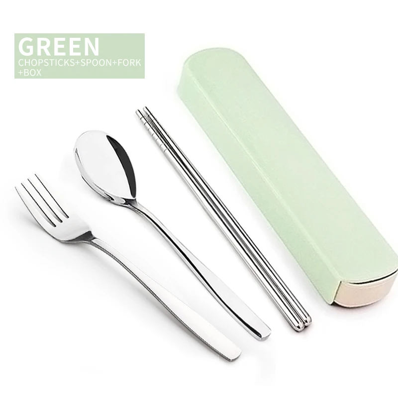Green B WORTHBUY портативный набор посуды из нержавеющей стали, дорожная посуда с коробкой для малыша, набор столовых приборов для пикника, набор кухонных принадлежностей - Цвет: Green B