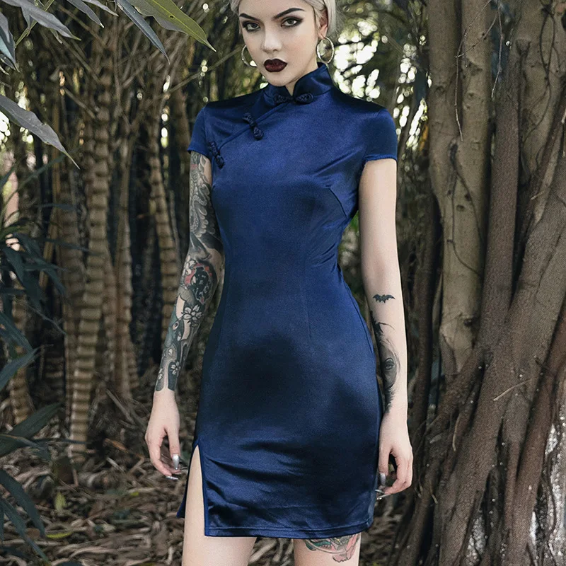 

JIEZUOFANG Feitong womens gothic punk Chinese cheongsam tight dress 2019 new womens fashion retro party open fork dress