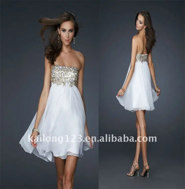 Straight Strapless Neckline Empire A line Short Gold Appliqued White