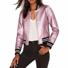 Stand Collar Short Jacket Metal Leather Shinny Color Outwear Street Style Bomber Jackets Women Jacket Basic