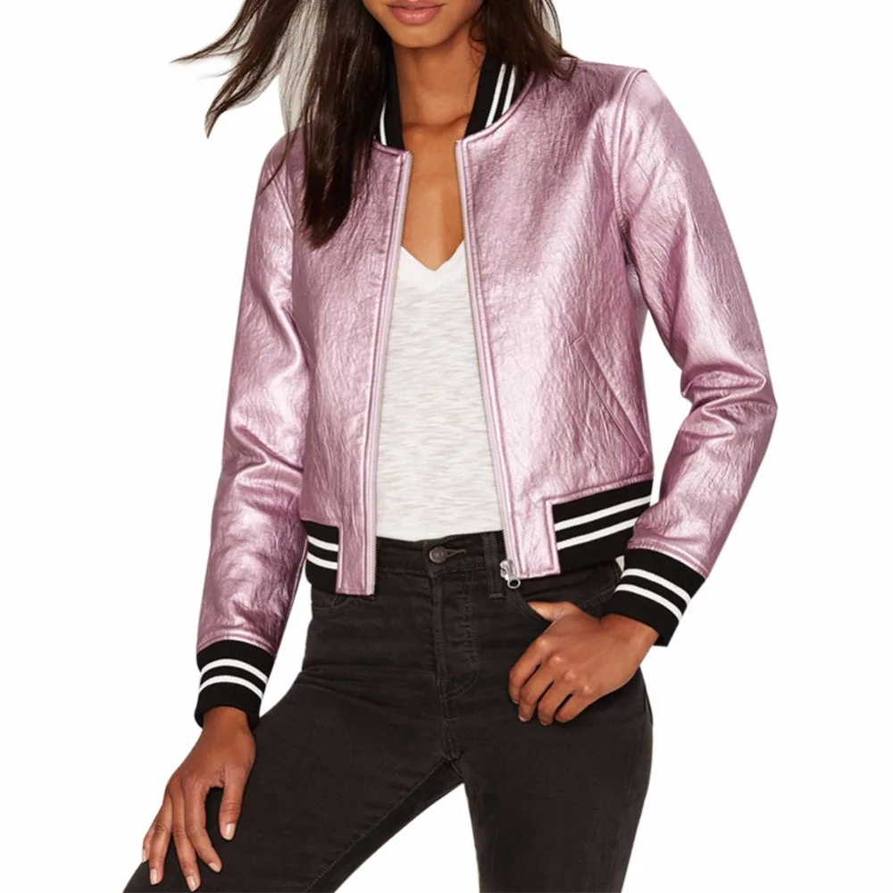 Stand Collar Short font b Jacket b font Metal Leather Shinny Color Outwear Street Style Bomber
