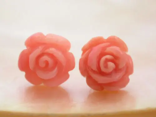 

hot sell new - Free shipping stunning 11mm pink flower crude coral earrings 14K gold stud