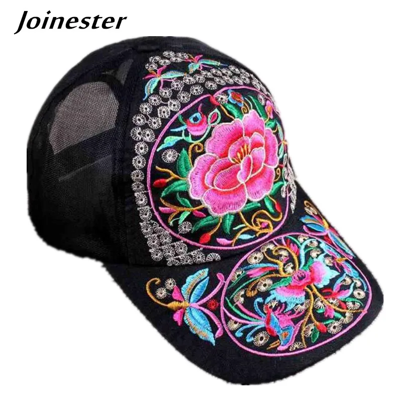 

Women's Flower Embroidery Ethnic Adjustable Cotton Baseball Cap Girls Leisure Snapback Hip Hop Flat Hat Vintage Sun Hat
