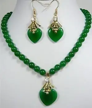 

Free shipping Green fine stone heart shape pendant necklace and earrings set AAA style 100% Natural fine stone Noble