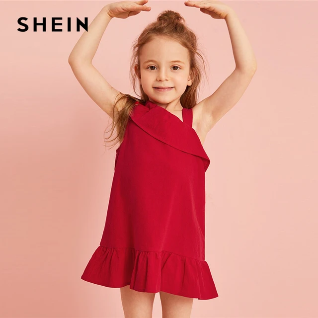 SHEIN Kiddie Toddler Girls Red Asymmetrical Neck Ruffle Hem Cute Dress