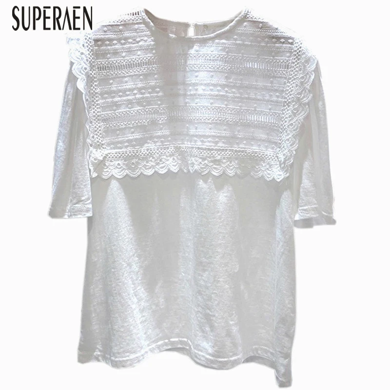 

SuperAen Korean Style Women Shirt 2019 Summer New Cotton Wild Blouses and Tops Female Round Neck Fashion Women Clothing