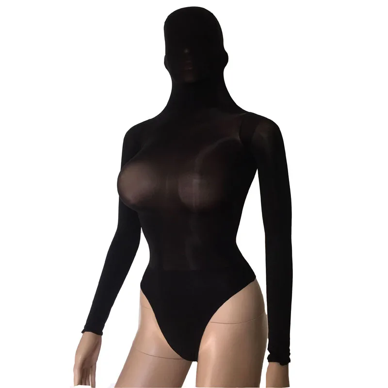 Сексуальное прозрачное масло блестящее с капюшоном трико тело чулки эластичное мини-платье с длинным рукавом боди белье - Цвет: Black Leotard